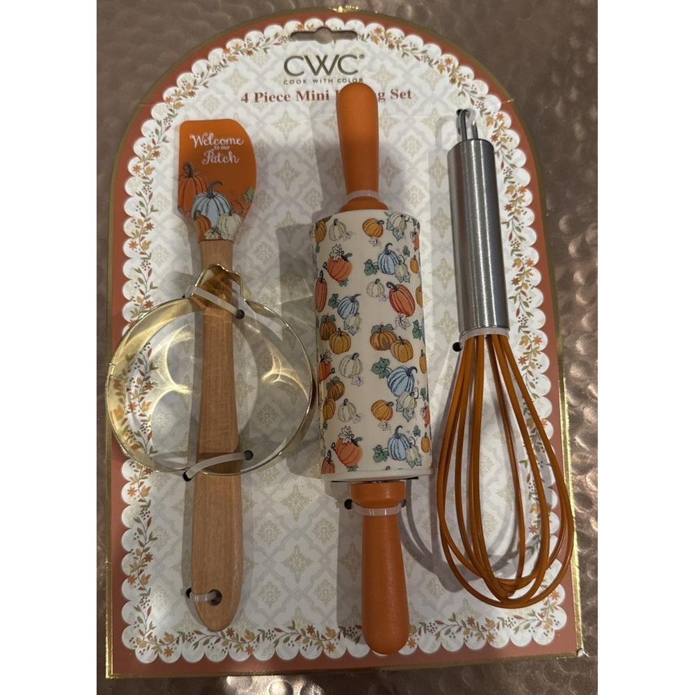 CWC 4 Piece Mini Baking Set Pumpkin Thanksgiving Spatula Whisk Rolling Pin NEW